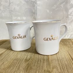 Two Beautiful Perfect White Gevalia Coffee Cups with Gold Rim Gevalia