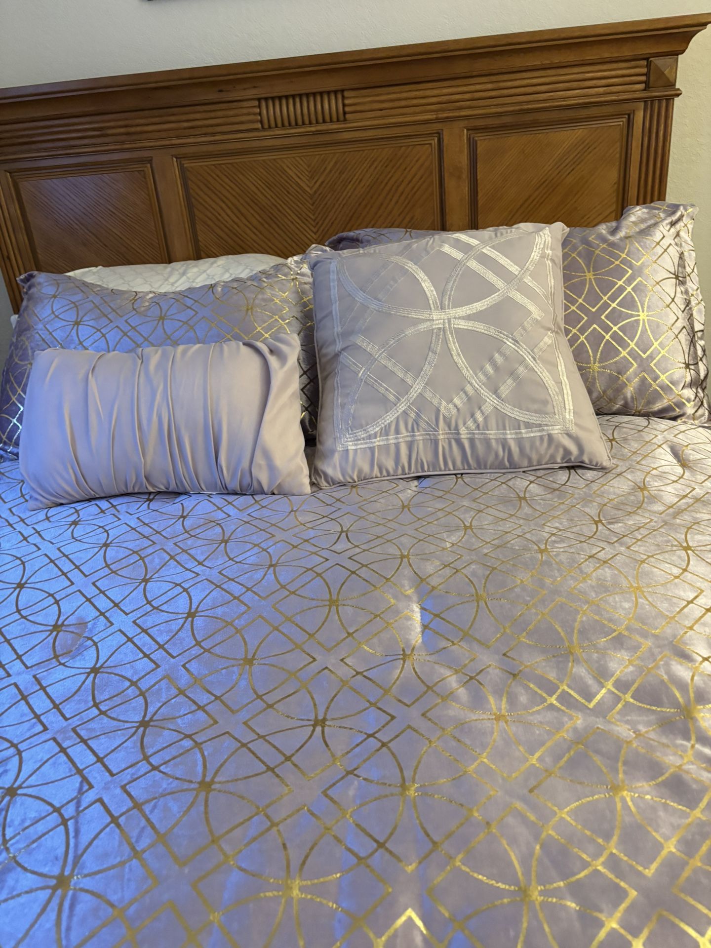 queen size comforter with pair of shams and decorative pillows. good condition
