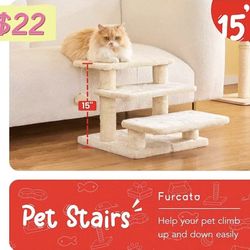 😀 15''H Multi-Step Pet Stairs for High Beds & Sofas, 3-Step Cat Stairs with 2 Toy Balls, Wide Boards for Indoor Kittens Dogs Pets Climbing, Beige