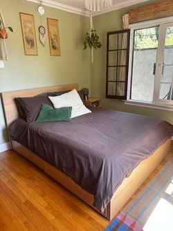 Queen Oak Bed Frame/4 Storage Boxes