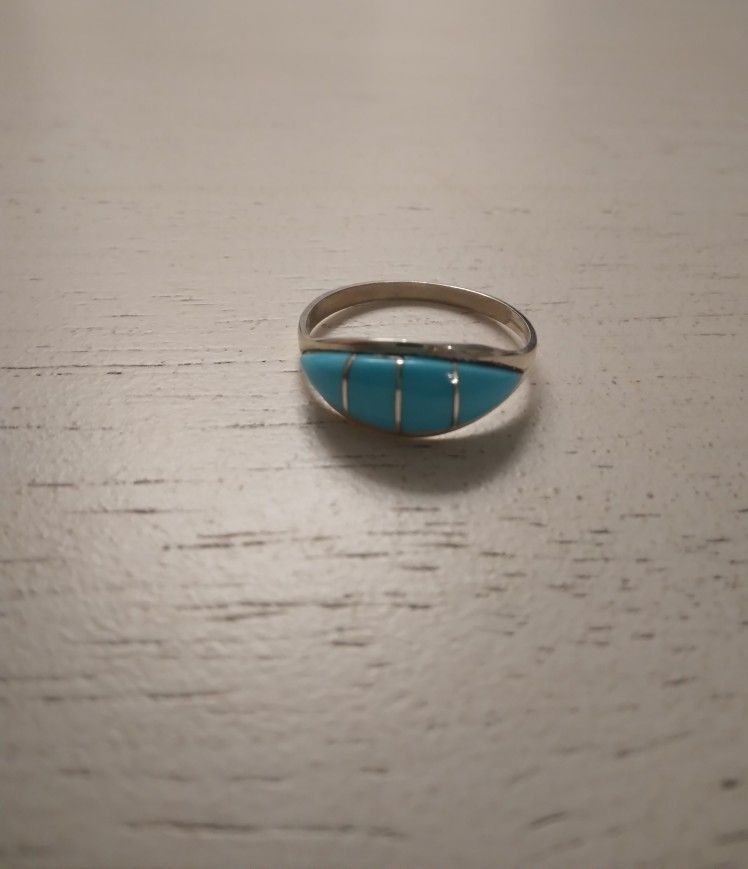 Navajo Made Sterling Silver Turquoise Inlay Sheild Ring