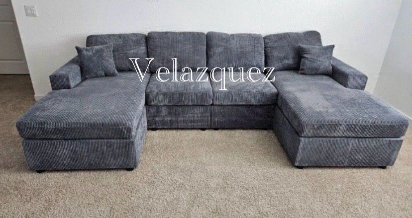 ✅️✅️4 pc fog grey corduroy fabric sectional sofa with double chaise✅️✅️