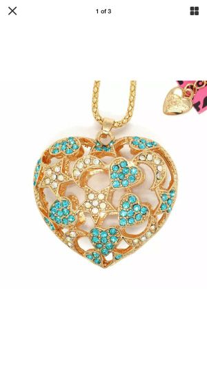 Photo Betsey Johnson 3 D Rhinestone teal rhinestones on filigree SUN MOON AND STARS DESIGN .so cute 4 ' high on Alloy 18 inch gold chain gift box