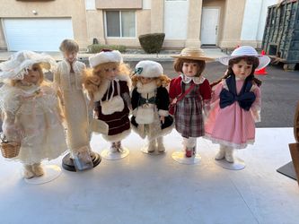 Princess Diana and 5 more Vintage Porcelain Dolls w/ Stands, Outfits. and more