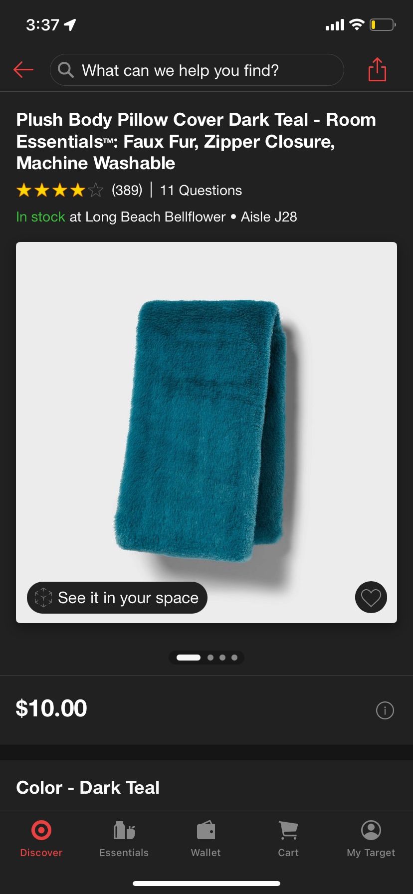 Plush Body Pillow Cover Dark Teal - Room Essentialsâ„¢. Faux Fur, Zipper Closure, Machine Washable