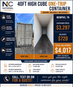 40FT High Cube One-Trip Container – Memphis TN