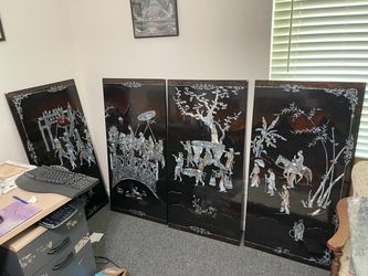 Asian Lacquer Wall Panels with Mother of Pearl Inlay
