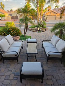 Phi Villa Brown Rattan 5-Piece 6 Seat Steel Outdoor Patio Conversation Set with Beige Cushions, and Wood-Grain Table