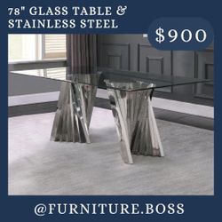 Contemporary Style Dining Table - Stainless Steel Pedestals - Glass Top