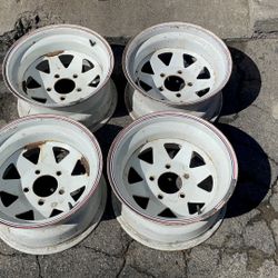 Four White Steel 15x8 Inch Wagon Wheels 5 on 5-inch fits Chevy, GMC trucks and vans