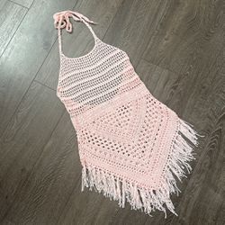 Pink Crochet Tie Fringe Dress