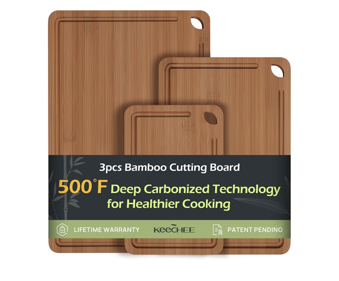 Bamboo Cutting Board, Durable Wood Cutting Boards for Kitchen with Deep Juice Grooves & Built-in Handles