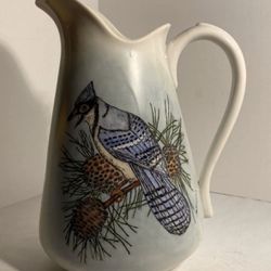 Vintage Ceramic White Pitcher Bird Bluejay 1989 9.5”