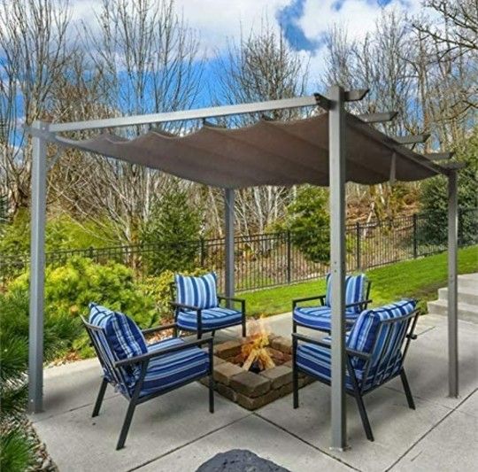 Patio Pergola 10 x 10 Flat Hanging KD Tent Retractable Gazebo for Outdoor Garden or Deck , Khaki