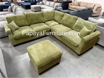 New! Plush Sage Green Sectional, Sectional And Storage Ottoman, Sectionals, Sofa, Couch, Beige Couch, green Couch, Corduroy Sectional, plush Sofa