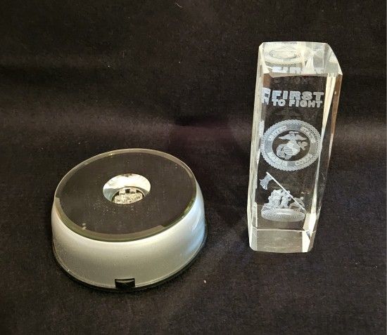 Vintage 3D Laser Etched Crystal First In Flight United States Marine Corps With Spinning Multi Colored Lighted Base