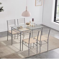 VECELO Kitchen Dining Room Table and Chairs for 4, 5-Piece Dinette Sets, Space Saving, Burnished Silver