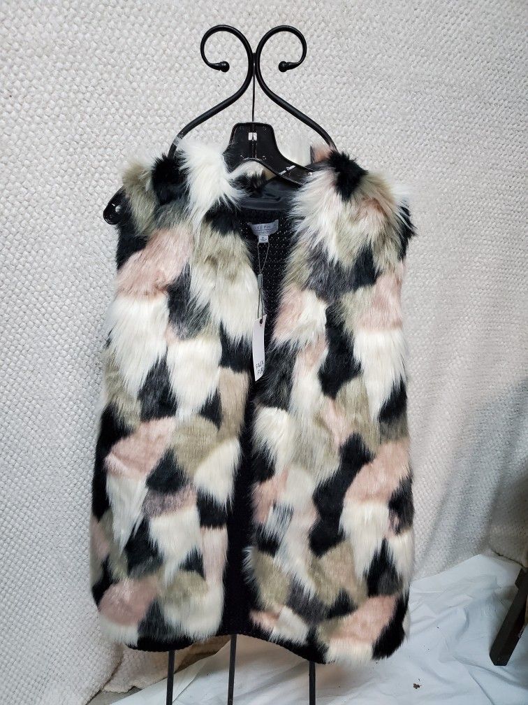 Warm Black Pink White Furry Vest XL