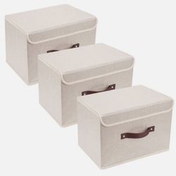 3Pcs Medium Storage Bin w/ Lids Foldable Storage Box for Toys Clothes Book Beige