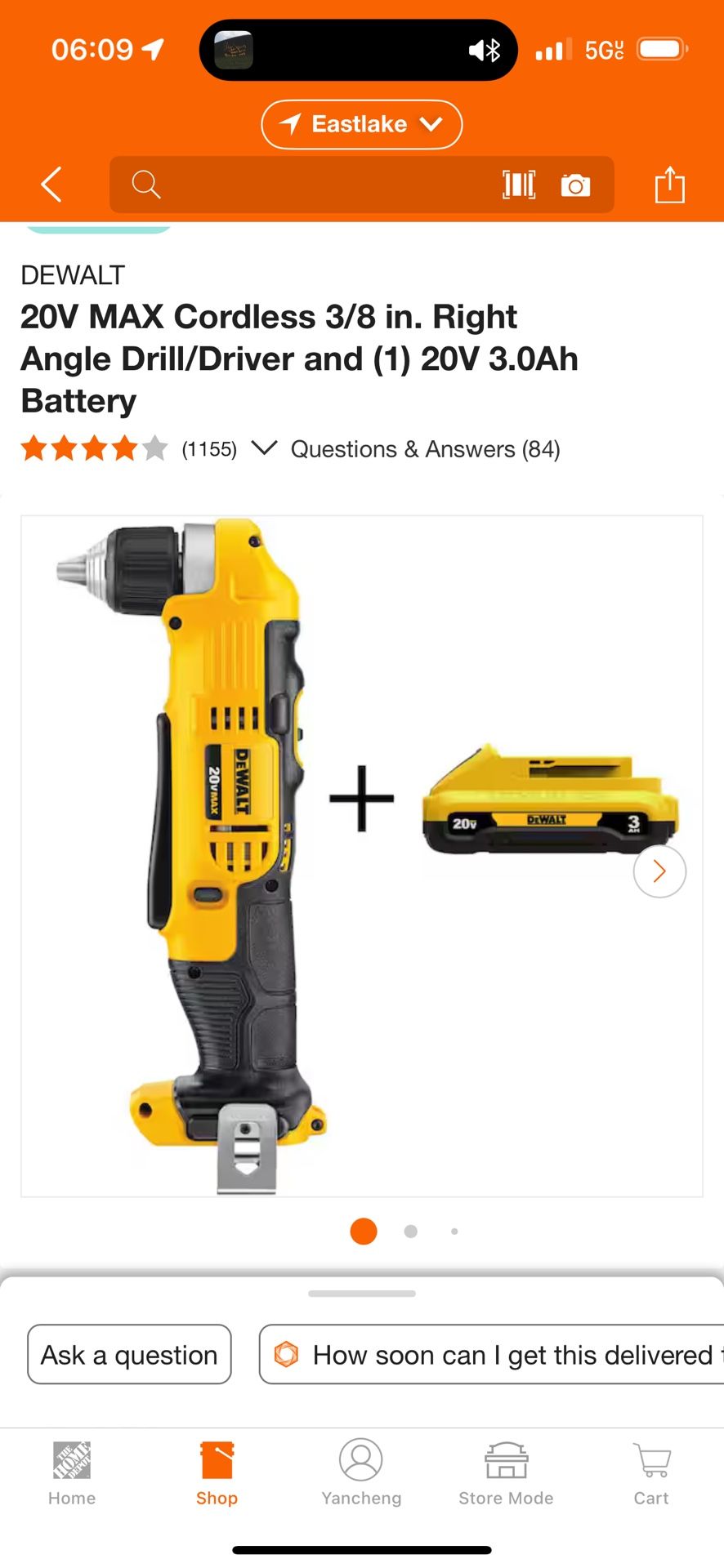 20V MAX Cordless 3/8 in. Right Angle Drill/Driver and (1) 20V 3.0Ah Battery