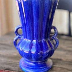 Vtg. McCoy Cobalt Blue Handled Ribbed Art Pottery Vase: BUNDLE W/ OTHER COBALTS