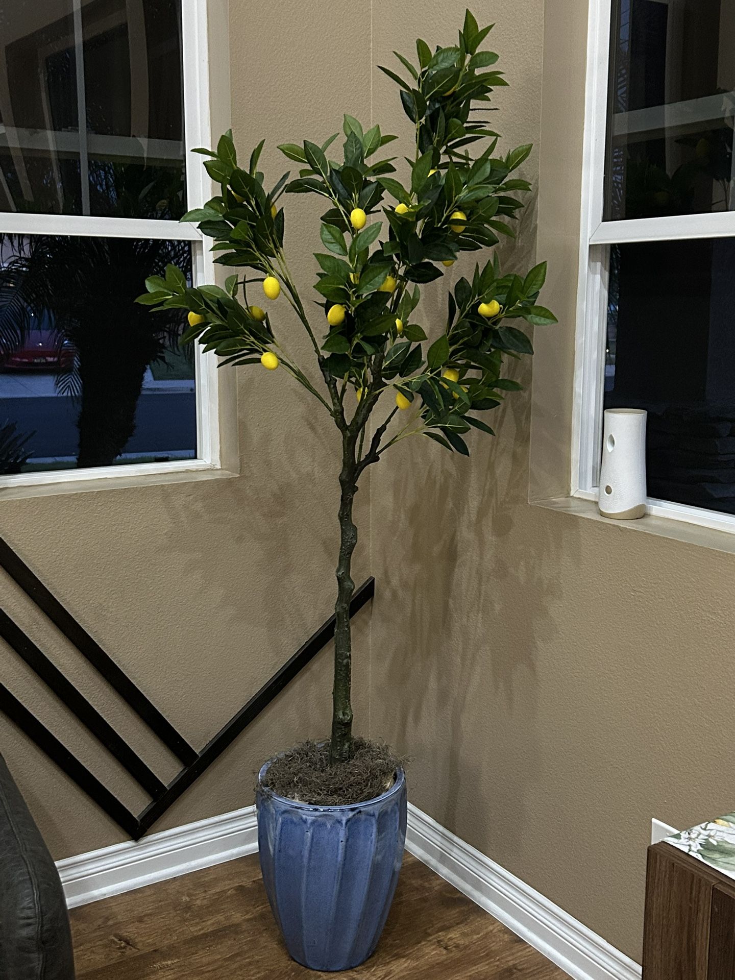 Artificial Plant Lemon Tree With Ceramic Blue Pot, Lemon Decor Set