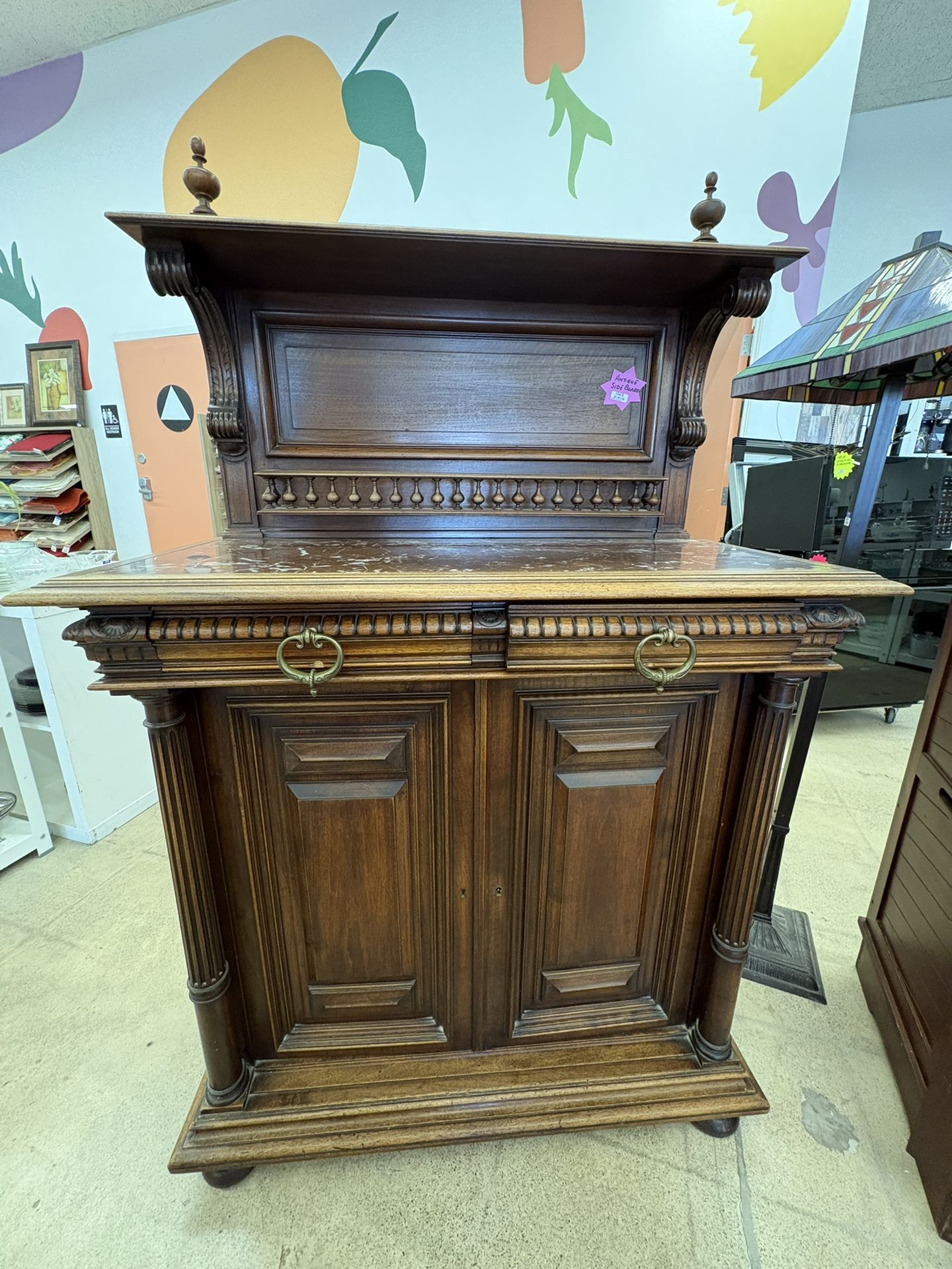 Antique Wood & Marble Buffet Cabinet