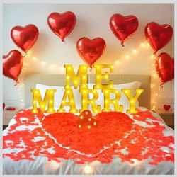 Marry Me Light Up Letters Sign Proposal Decorations Will You Marry Me Sign with Red Fake Rose Petals for Valentine's Day Wedding Engagement Romantic N