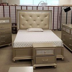 Lila Champagne Upholstered Panel Bedroom Set//3-PIECE (BED, DRESSER, NIGHTSTAND)
