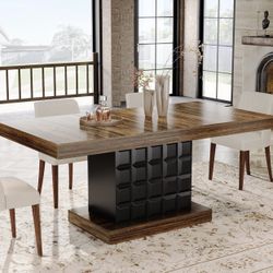 F2120 63'' Dining Table for 4-6, Farmhouse Wooden Rectangular Dinner Table with Geometric Relief, Pedestal Base (Brown and Black)