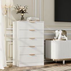 5 Drawer White Dresser with Wave Panel, Contemporary Storage Cabinet for Bedroom, White Chest of Drawers Wood Organizer for Living Room