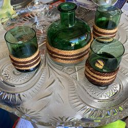 Green Glass Set Of 4 - Decanter And 3 Glasses w/rope