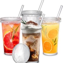 Glass Cups with Lids and Straws, 12 oz Iced Coffee Cup for Coffee Bar Accessories, Ribbed Glasses Drinking Set of 4, Irish Coffee Glasses for Home Dec