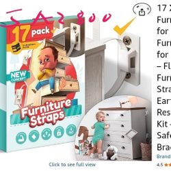 17 XXL-Pack Furniture Anchors for Wall – Furniture Anchors for Baby Proofing – Flexible Furniture Safety Straps - Secure Earthquake Resistant Anti Tip