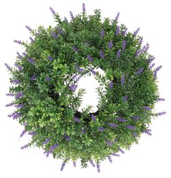 18” Boxwood Wreath for Front Door Artificial Boxwood Wreath with Lavender Flowers,Purple Floral Porch Decor,Year-Round Rustic Home Wall Decor