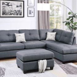 Gorgeous Three Piece Blue Gray Sectional with storage ottoman