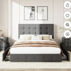 Queen Size Platform Bed Frame with 4 Storage Drawers and Headboard, Square Stitched Button Tufted, Mattress Foundation with Wooden Slats Support, No B