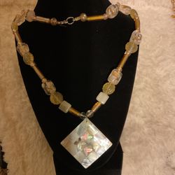 24” Sea Glass Beaded Necklace With Diamond Shaped Polished Shell Pendant …sturdy