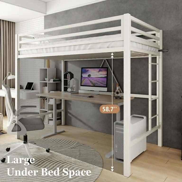 Twin Size Heavy Duty Metal Loft Bed with Removable Ladder & Full-Length Guardrail, White (DESK NOT INCLUDED)
