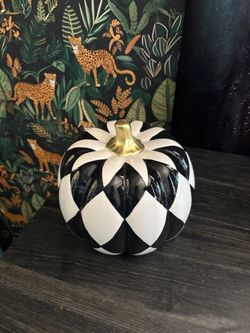 Black and White Harlequin Ceramic Pumpkin Decor