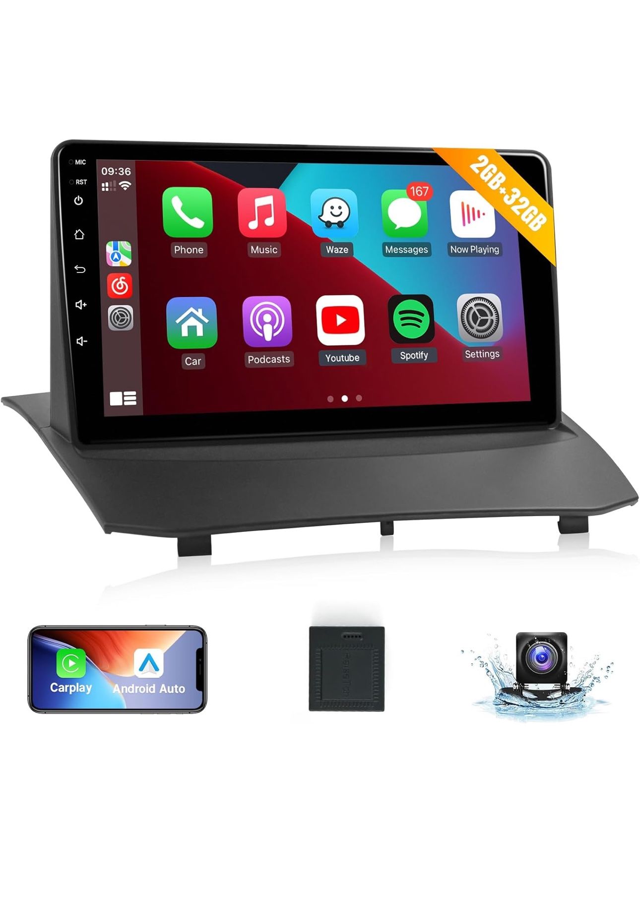 Car Radio for Ford Fiesta 2009-2014 with Wireless CarPlay Android Auto, 2+32G 9inch IPS Touchscreen Car Stereo for Ford with Bluetooth/FM Audio Receiv