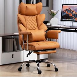 Comfortable Ergonomic Office Chair with Foot Rest PU Leather Reclining Chair for Home. Brown 