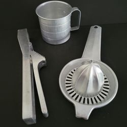 3 Vintage Kitchen Tools: Juicer, 1 Cup Measure, Foley Garlic Press 
