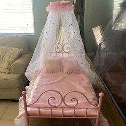 18” Doll Pink Canopy Bed With Fairy Lights