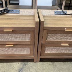  Night Stand Set of 2 - Rattan Nightstands with Type-C Charging Station, 2 Rattan Drawers - Boho Wood Bed Side End Table for Small Space 