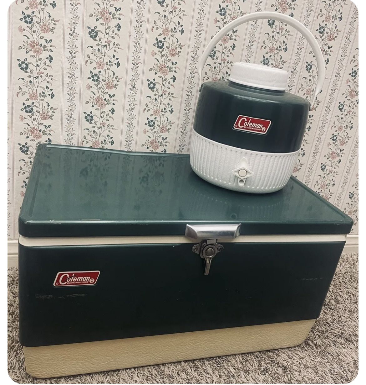 Vintage Coleman Green Metal Cooler With Handles Tray & Water Jug