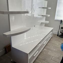 All White TV Stand with shelves and drawers 