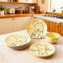 Brand New 12-Piece 4-Person Ceramic Plates & Bowls, Cartoon Yellow Bear Dinnerware Set