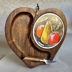 Vintage Fred Press Wood And Ceramic Cheese Tray 