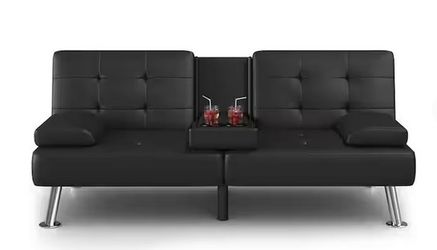 65 in. Convertible Folding Futon Sofa Bed, Black Faux Leather Upholstered Roomy Love Seat, New, Perfect Condition